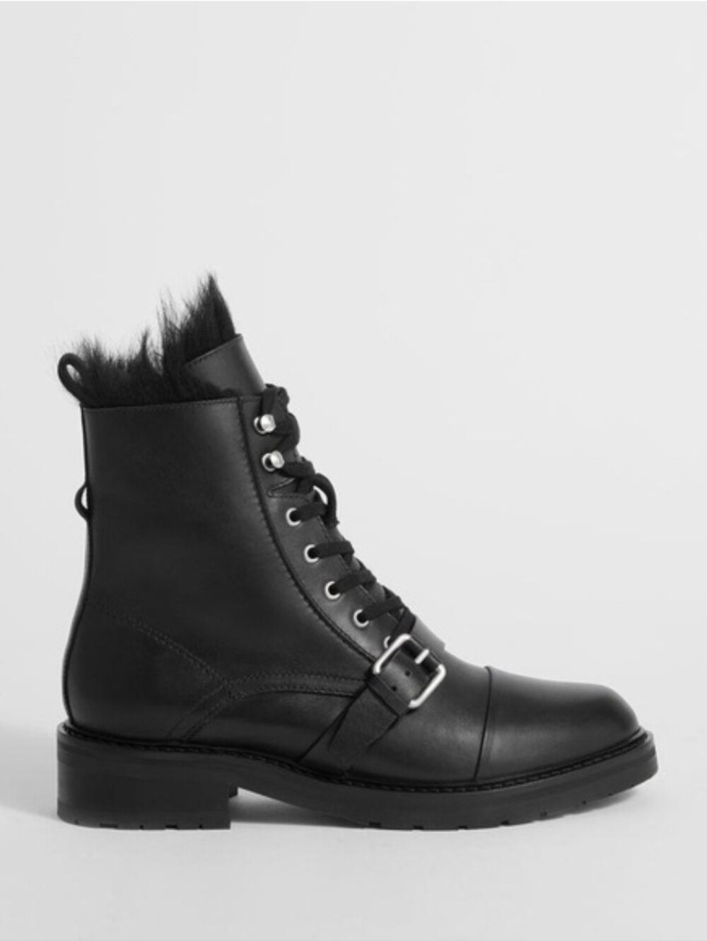 ALLSAINTS Black Leather Shearling Donita Combat Boots - Picture 2 of 11